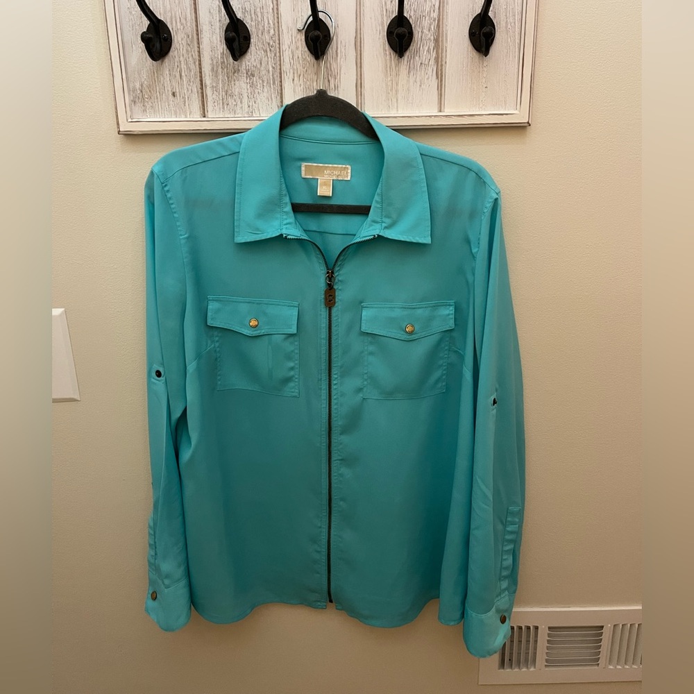 Michael Kors Women's Turquoise Roll-Up or Long Sleeved Sheer Top Size XL